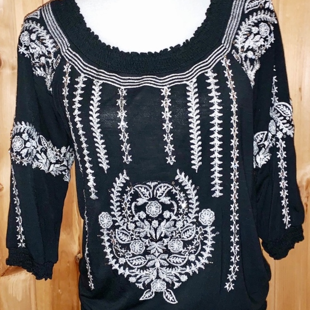 INC International Concepts Black Boho Top Silver Embroidery Women’s M